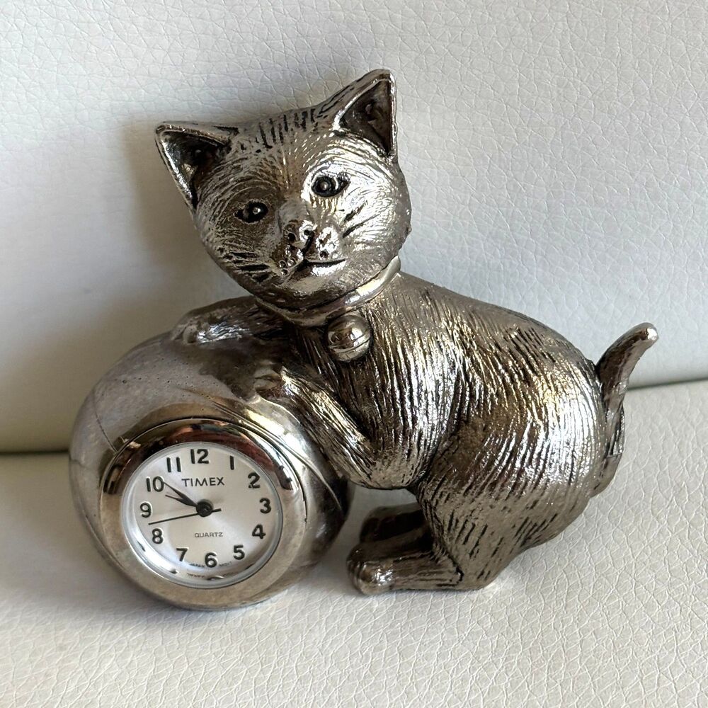 Vintage Timex Pewter Cat Mini Quartz Clock Figurine 2.5" x 3" Collectible